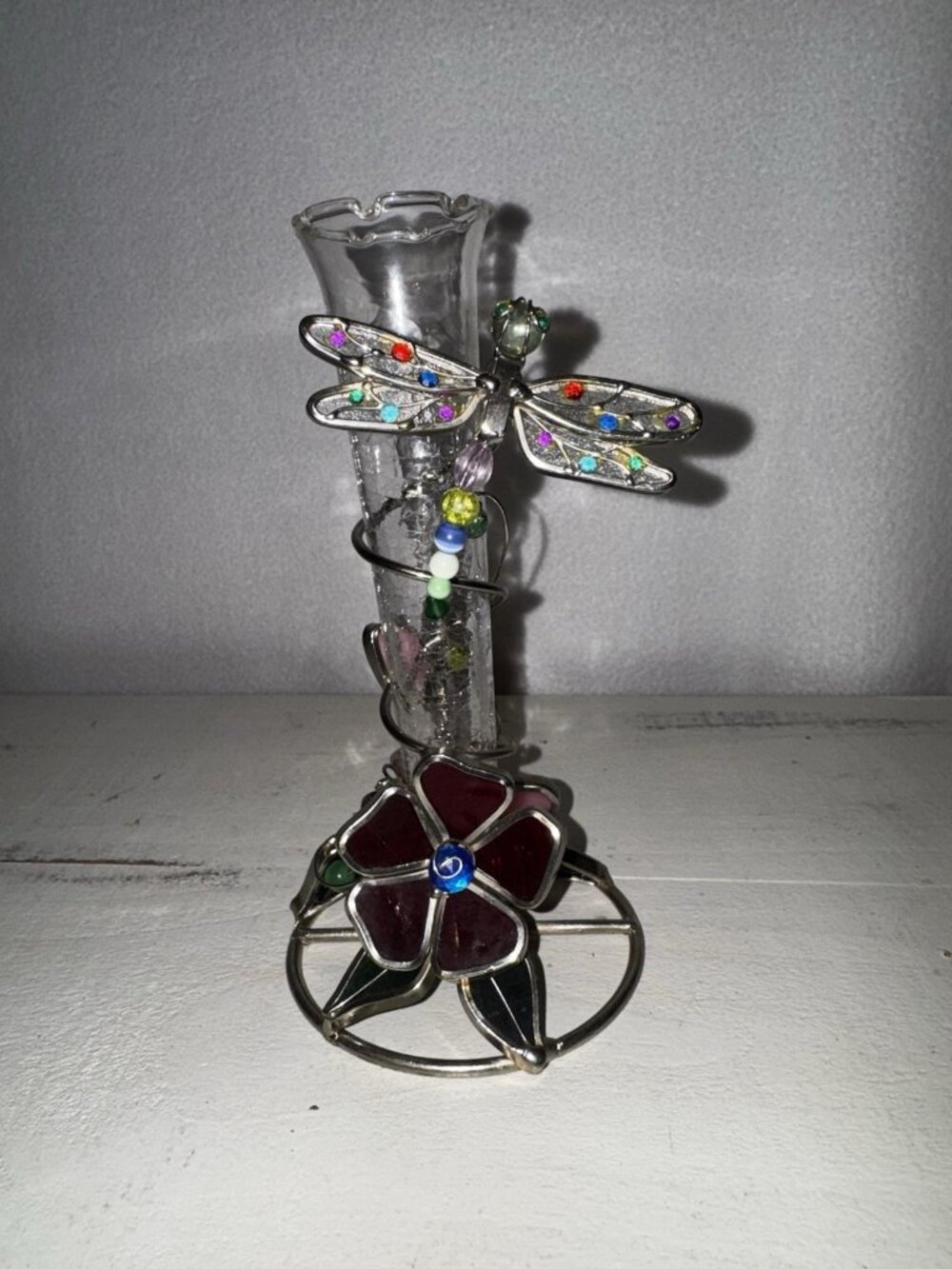 Vintage Stained Glass Dragonfly Flower Vase Metal Figurine Glass Tiffany-style